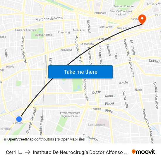 Cerrillos to Instituto De Neurocirugía Doctor Alfonso Asenjo map