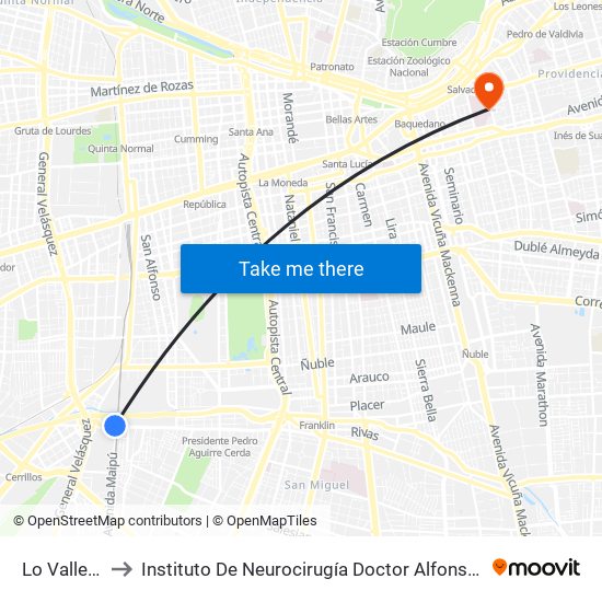 Lo Valledor to Instituto De Neurocirugía Doctor Alfonso Asenjo map