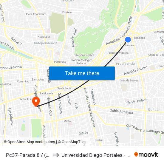 Pc37-Parada 8 / (M) Los Leones to Universidad Diego Portales - Facultad De Ingeniería map