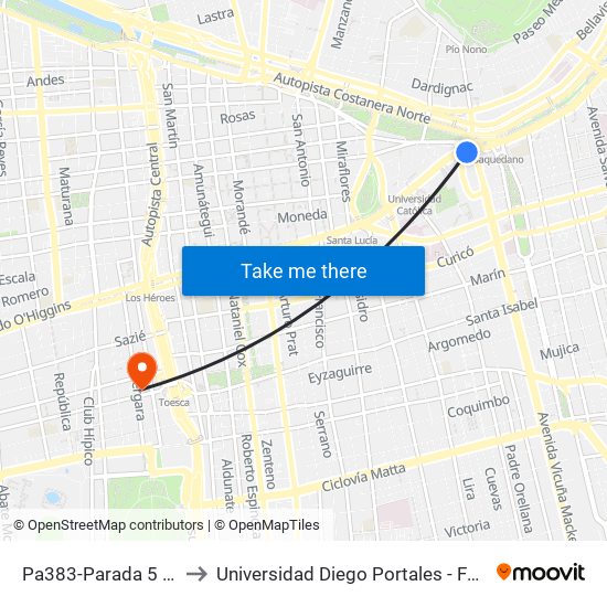 Pa383-Parada 5 / Plaza Italia to Universidad Diego Portales - Facultad De Ingeniería map