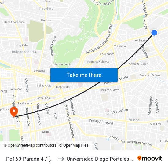 Pc160-Parada 4 / (M) Escuela Militar to Universidad Diego Portales - Facultad De Ingeniería map
