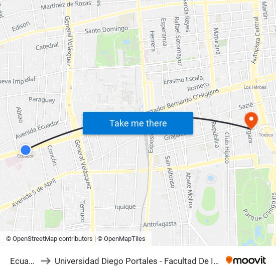 Ecuador to Universidad Diego Portales - Facultad De Ingeniería map