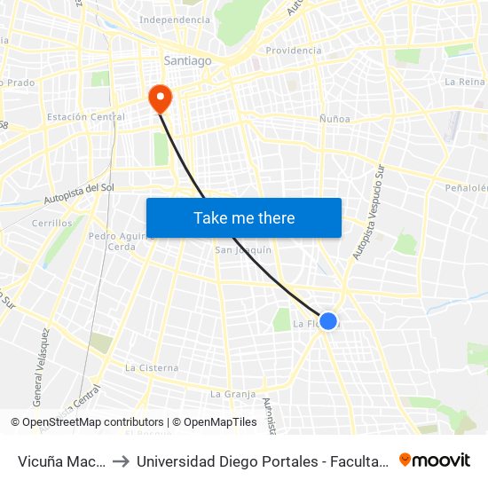 Vicuña Mackenna to Universidad Diego Portales - Facultad De Ingeniería map