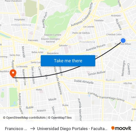 Francisco Bilbao to Universidad Diego Portales - Facultad De Ingeniería map