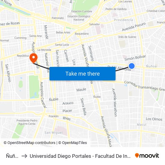 Ñuñoa to Universidad Diego Portales - Facultad De Ingeniería map