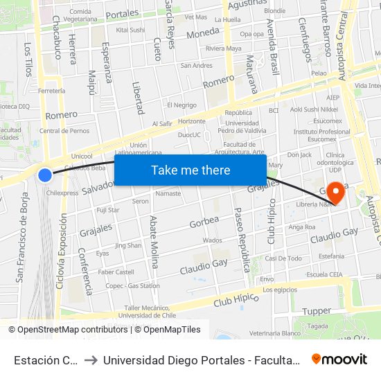 Estación Central to Universidad Diego Portales - Facultad De Ingeniería map