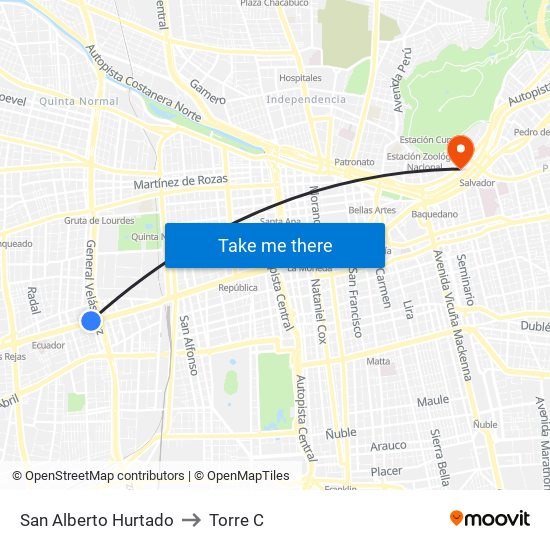 San Alberto Hurtado to Torre C map