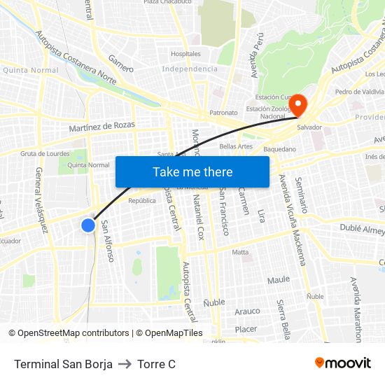 Terminal San Borja to Torre C map