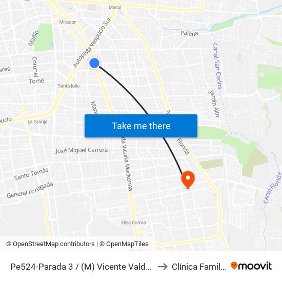 Pe524-Parada 3 / (M) Vicente Valdés to Clínica Familia map