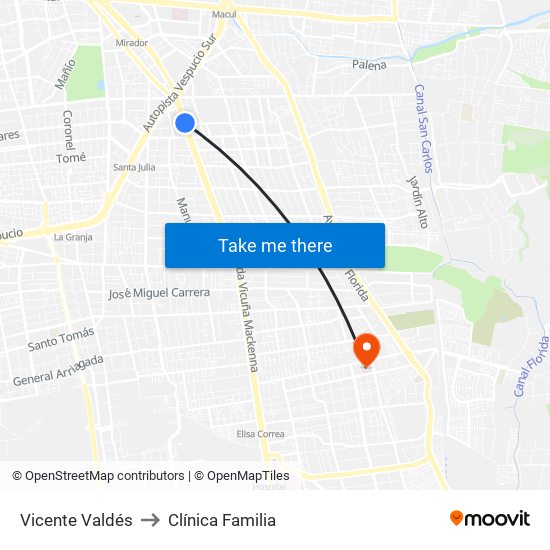 Vicente Valdés to Clínica Familia map