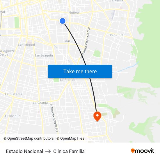 Estadio Nacional to Clínica Familia map