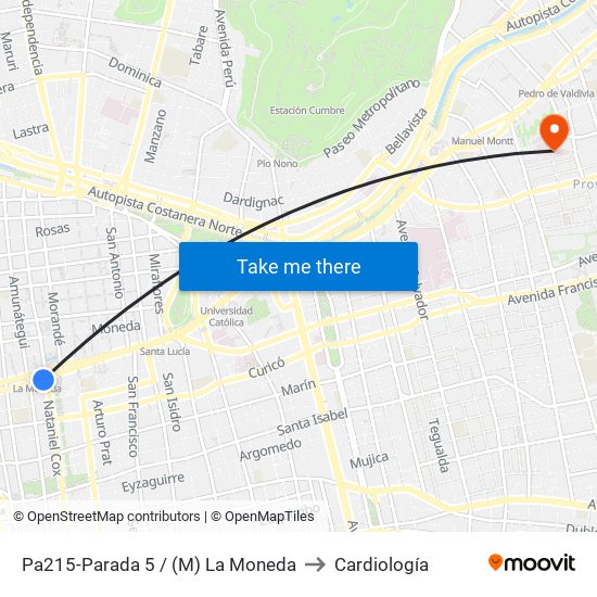 Pa215-Parada 5 / (M) La Moneda to Cardiología map