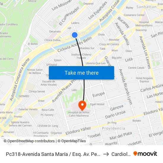 Pc318-Avenida Santa María / Esq. Av. Pedro De Valdivia to Cardiología map