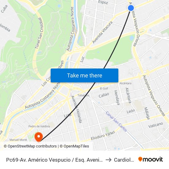 Pc69-Av. Américo Vespucio / Esq. Avenida Vitacura to Cardiología map