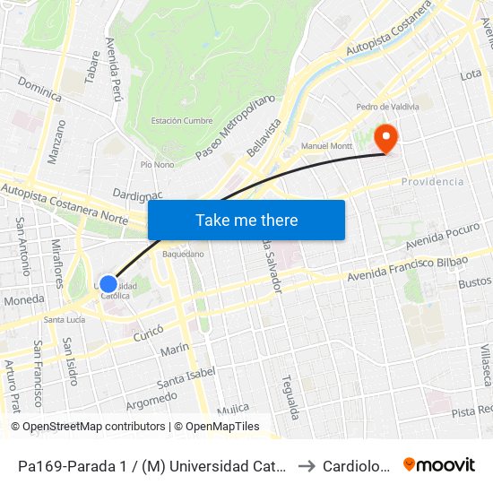 Pa169-Parada 1 / (M) Universidad Católica to Cardiología map