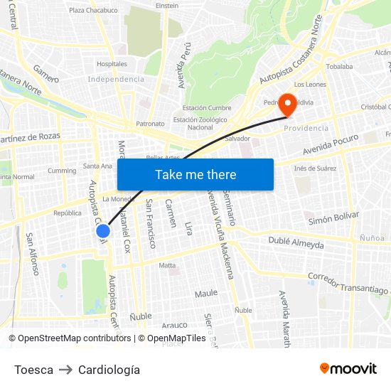 Toesca to Cardiología map