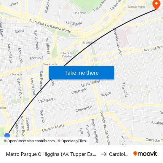 Metro Parque O'Higgins (Av. Tupper Esq. Av. Viel) to Cardiología map