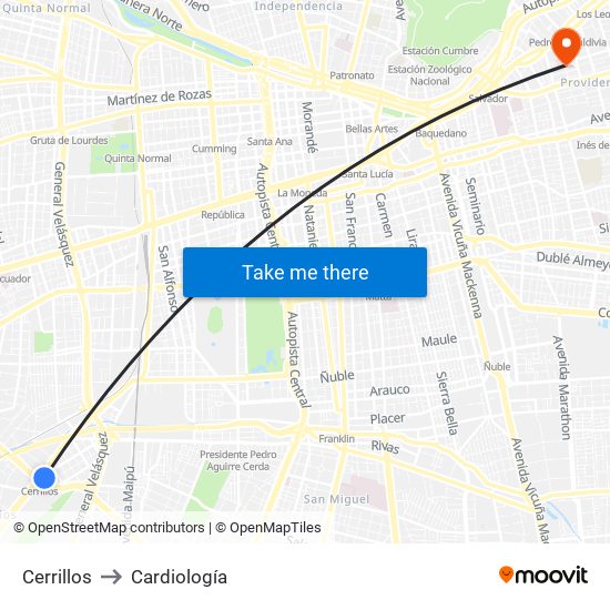 Cerrillos to Cardiología map