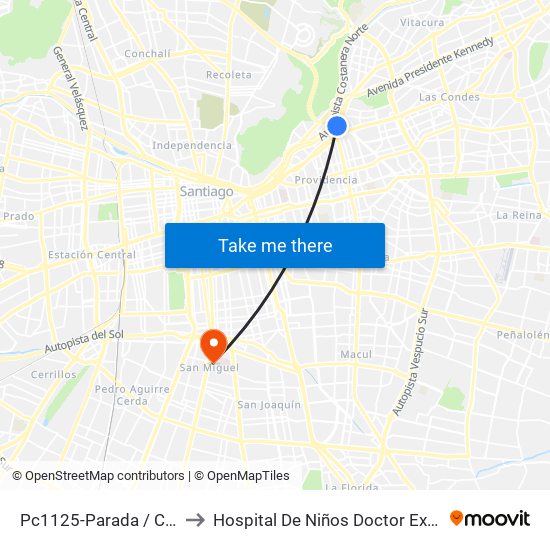 Pc1125-Parada / Costanera Center to Hospital De Niños Doctor Exequiel González Cortés map