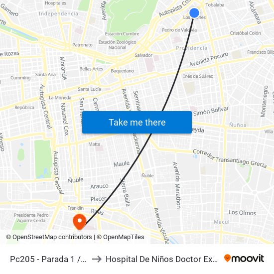 Pc205 - Parada 1 / (M) Los Leones to Hospital De Niños Doctor Exequiel González Cortés map