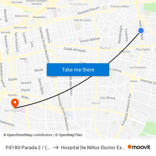 Pd180-Parada 2 / (M) Simón Bolívar to Hospital De Niños Doctor Exequiel González Cortés map