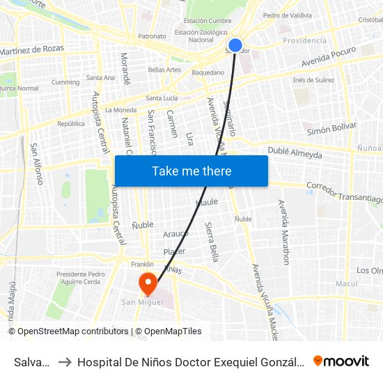 Salvador to Hospital De Niños Doctor Exequiel González Cortés map