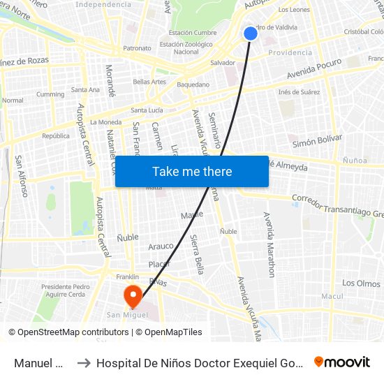 Manuel Montt to Hospital De Niños Doctor Exequiel González Cortés map