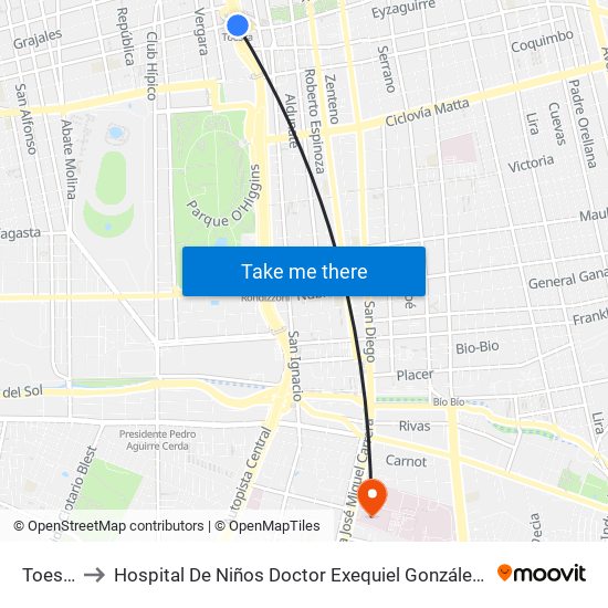 Toesca to Hospital De Niños Doctor Exequiel González Cortés map