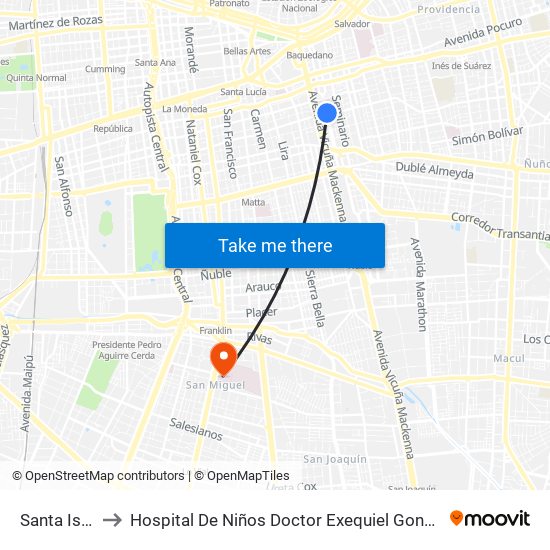 Santa Isabel to Hospital De Niños Doctor Exequiel González Cortés map