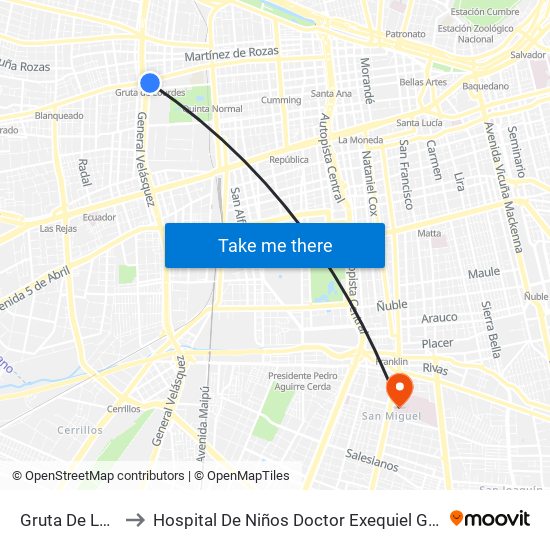 Gruta De Lourdes to Hospital De Niños Doctor Exequiel González Cortés map