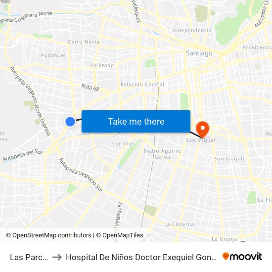 Las Parcelas to Hospital De Niños Doctor Exequiel González Cortés map