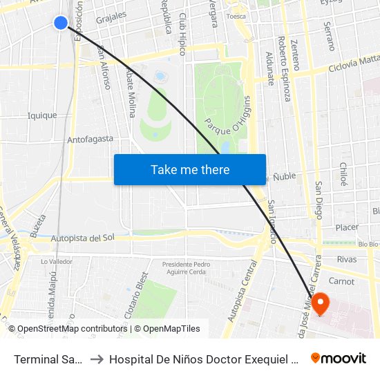 Terminal San Borja to Hospital De Niños Doctor Exequiel González Cortés map