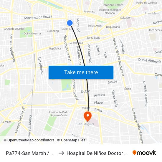 Pa774-San Martín / Esq. Santo Domingo to Hospital De Niños Doctor Exequiel González Cortés map