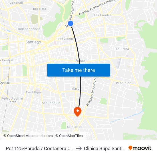 Pc1125-Parada / Costanera Center to Clinica Bupa Santiago map