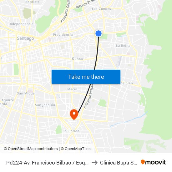 Pd224-Av. Francisco Bilbao / Esq. Av. S. Elcano to Clinica Bupa Santiago map