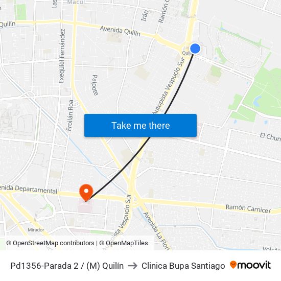 Pd1356-Parada 2 / (M) Quilín to Clinica Bupa Santiago map