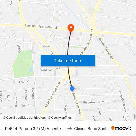 Pe524-Parada 3 / (M) Vicente Valdés to Clinica Bupa Santiago map