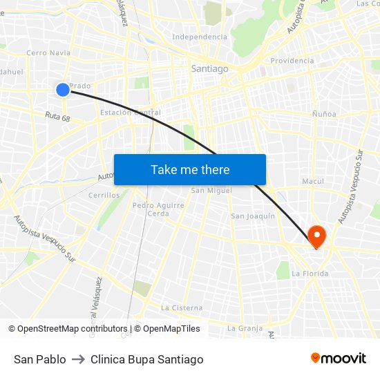 San Pablo to Clinica Bupa Santiago map