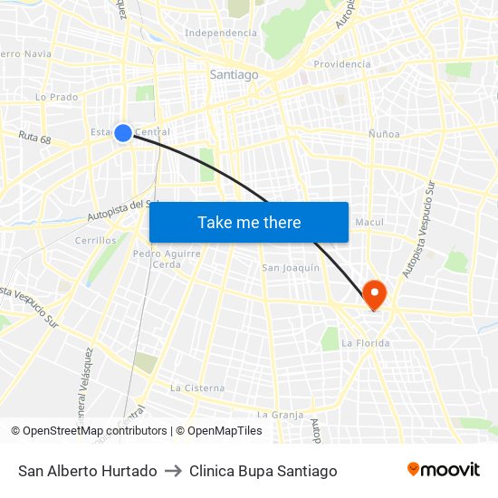 San Alberto Hurtado to Clinica Bupa Santiago map