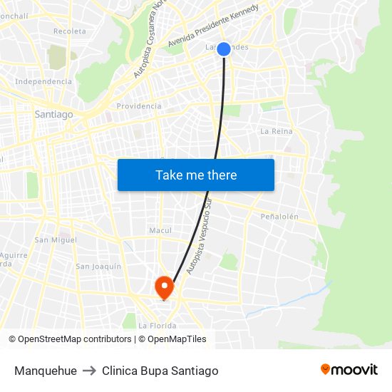 Manquehue to Clinica Bupa Santiago map