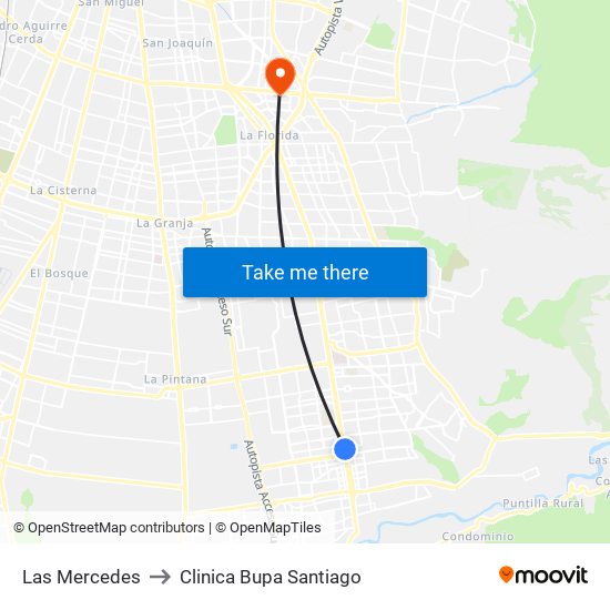 Las Mercedes to Clinica Bupa Santiago map