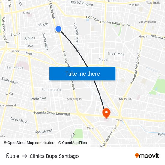 Ñuble to Clinica Bupa Santiago map