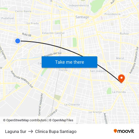 Laguna Sur to Clinica Bupa Santiago map