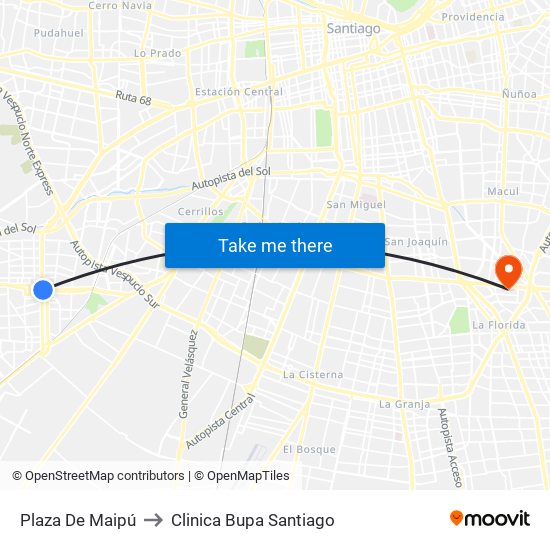 Plaza De Maipú to Clinica Bupa Santiago map