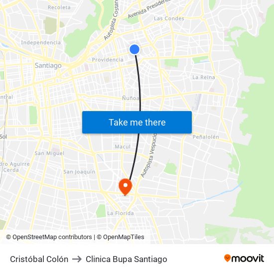 Cristóbal Colón to Clinica Bupa Santiago map