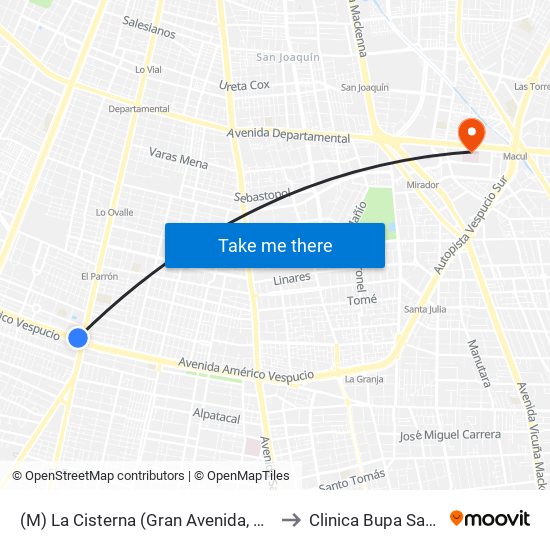 (M) La Cisterna (Gran Avenida, Parad. 25) to Clinica Bupa Santiago map
