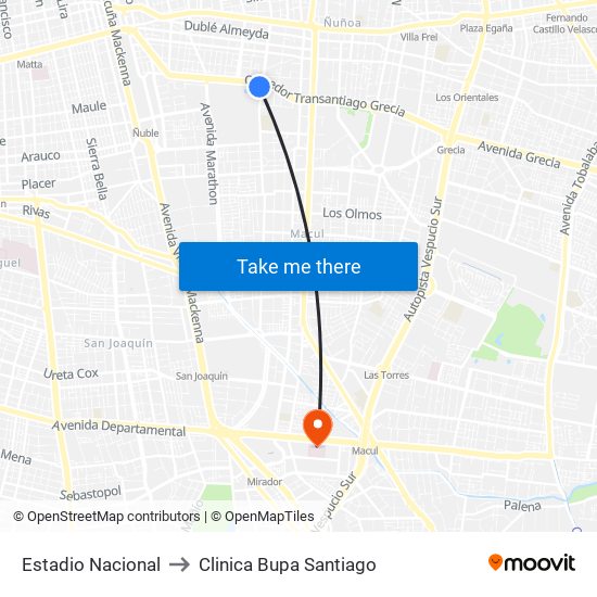 Estadio Nacional to Clinica Bupa Santiago map