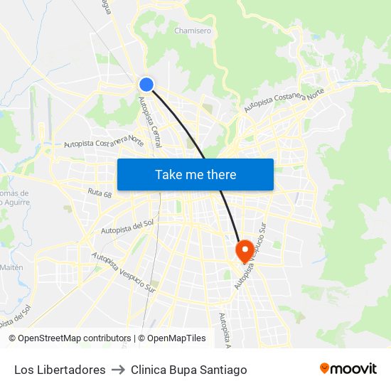Los Libertadores to Clinica Bupa Santiago map