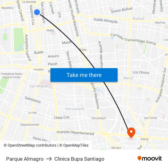 Parque Almagro to Clinica Bupa Santiago map