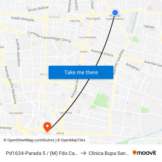 Pd1634-Parada 5 / (M) Fdo.Castillo V. to Clinica Bupa Santiago map